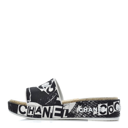 Chanel Fabric Grosgrain Printed CC Espadrille Slip On Sandals 36 White Black 1 of 14