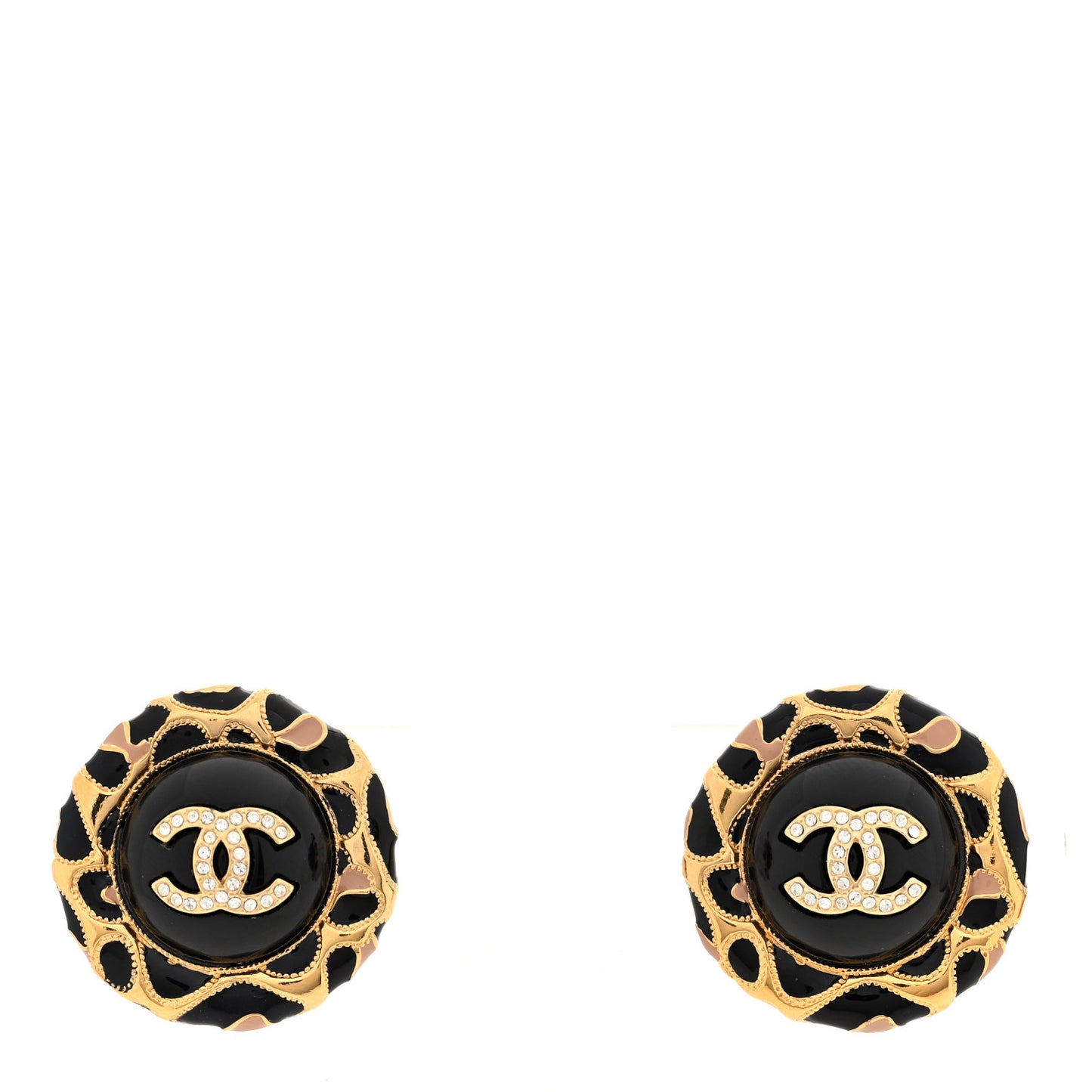 Resin Crystal CC Round Earrings Black Gold