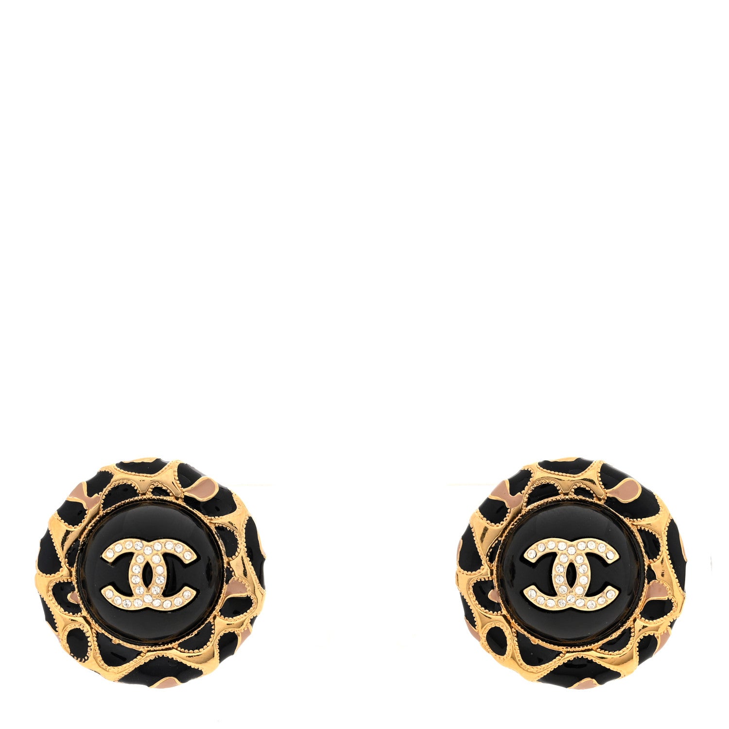Chanel Resin Crystal CC Round Earrings Black Gold 1 of 4