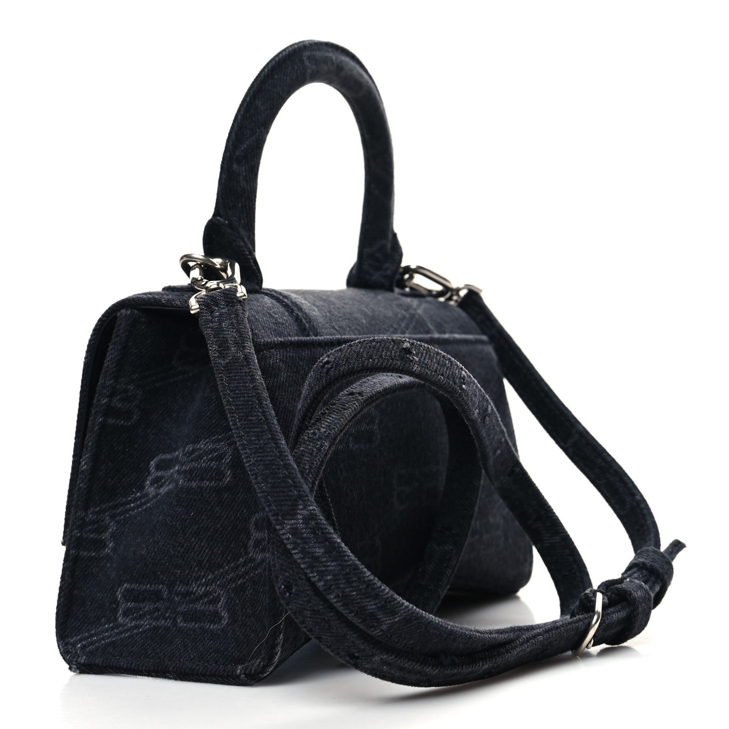 Washed Denim BB Monogram Hourglass Top Handle Bag XS Black