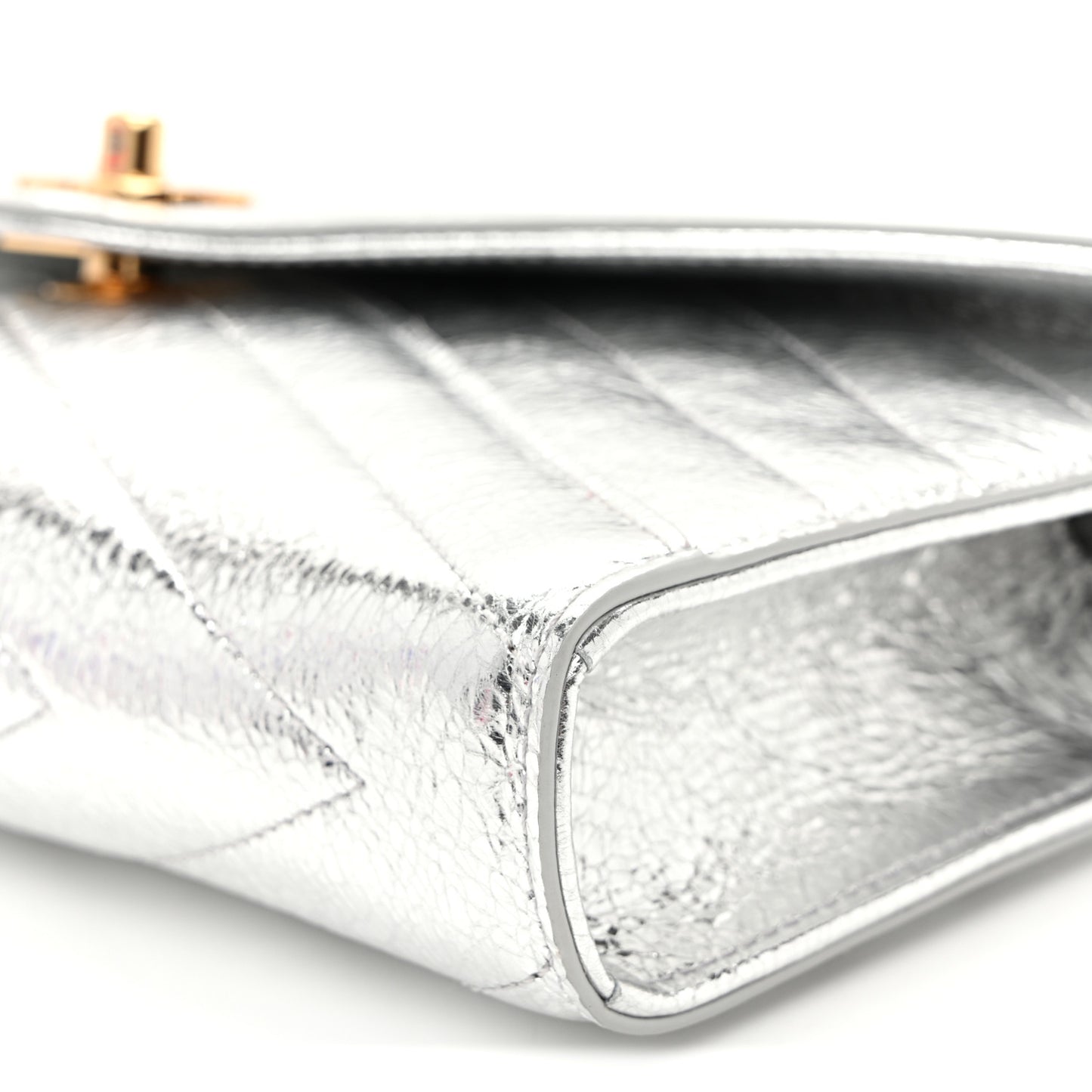 Metallic Aged Calfskin Chevron Quilted Top Handle Envelope Clutch Silver
