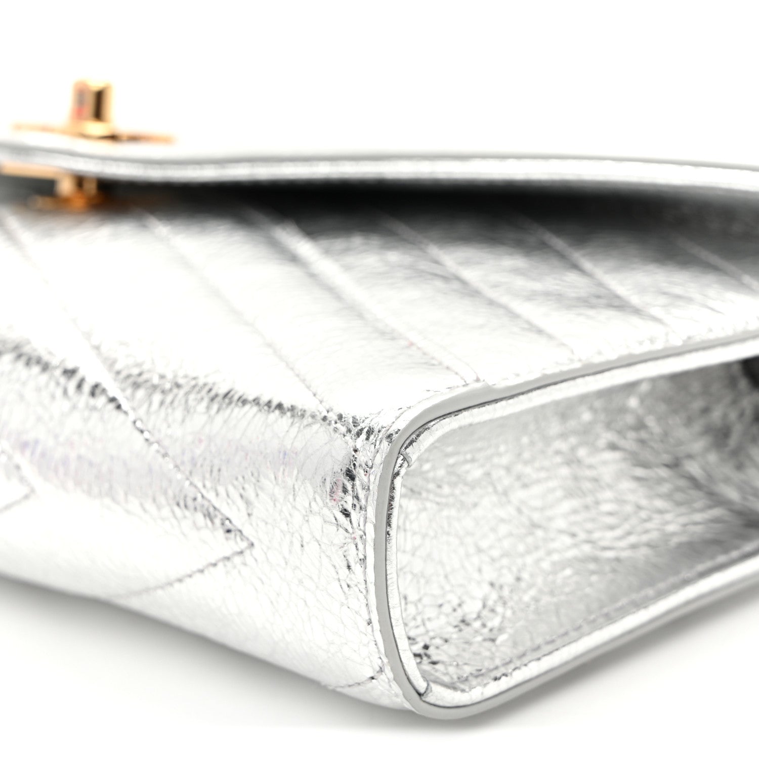Chanel Metallic Aged Calfskin Chevron Quilted Top Handle Envelope Clutch Silver 10 of 10