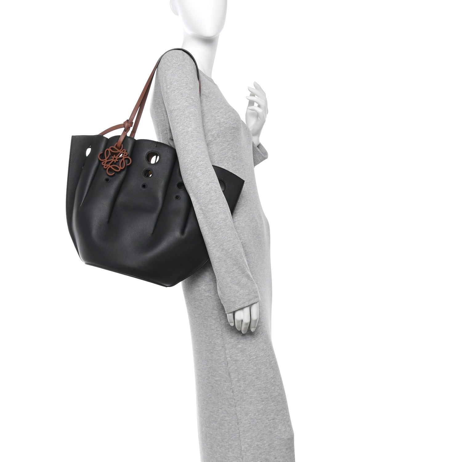 Loewe Calfskin Perforated Small Shell Tote Black 1866899