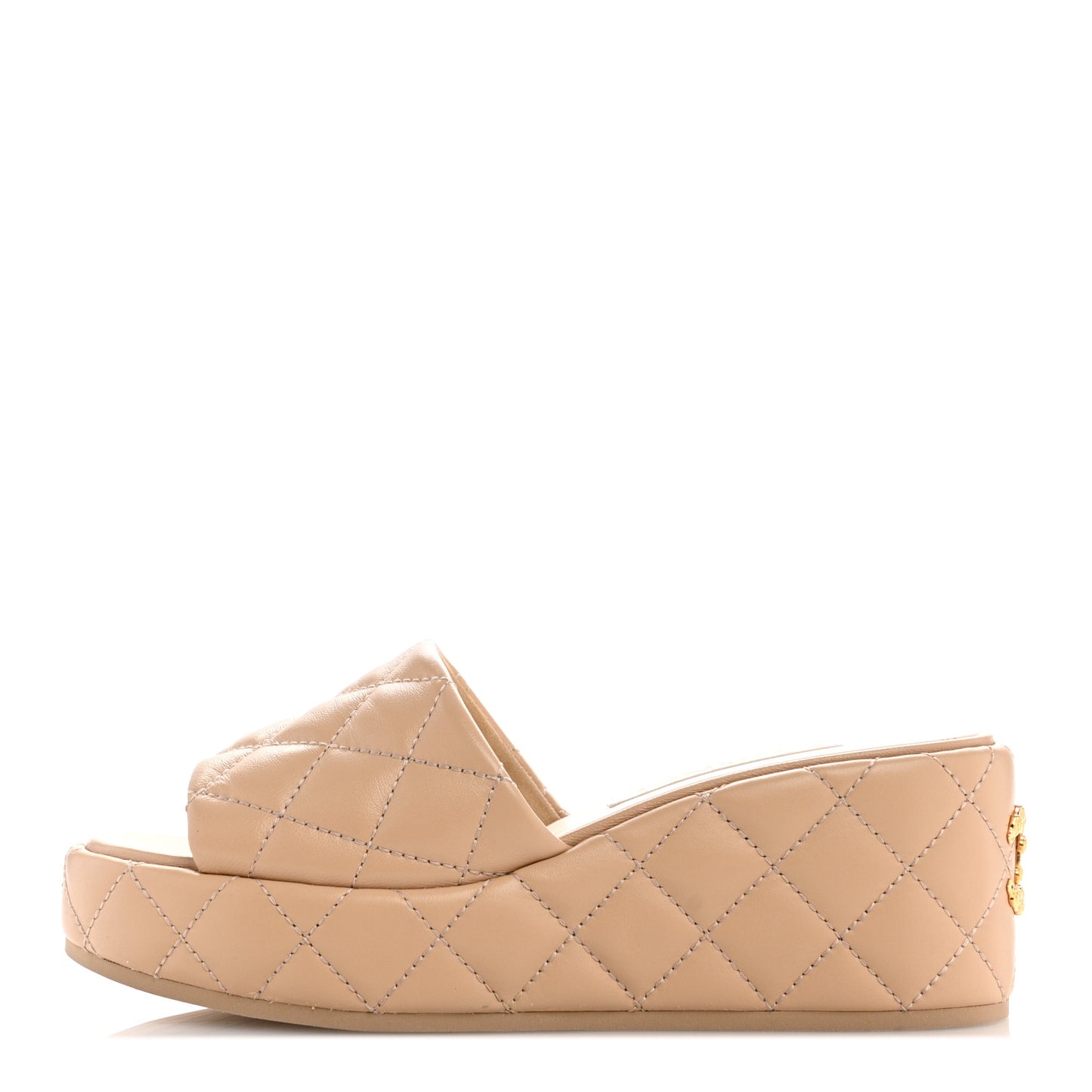 Lambskin Quilted Camelia CC Wedge Sandal Mules 38.5 Beige