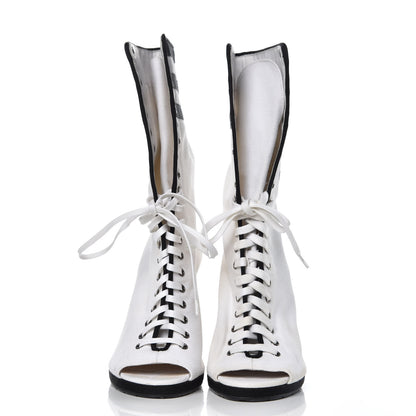 Chanel Canvas Lace Up Wedge Boots 37.5 White Black 2 of 13