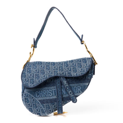Christian Dior Oblique Embroidered Saddle Bag Denim Blue 1 of 10