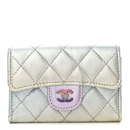 Chanel Gradient Metallic Calfskin Quilted Flap Card Holder Wallet Silver Blue Yellow Purple 1 of 8