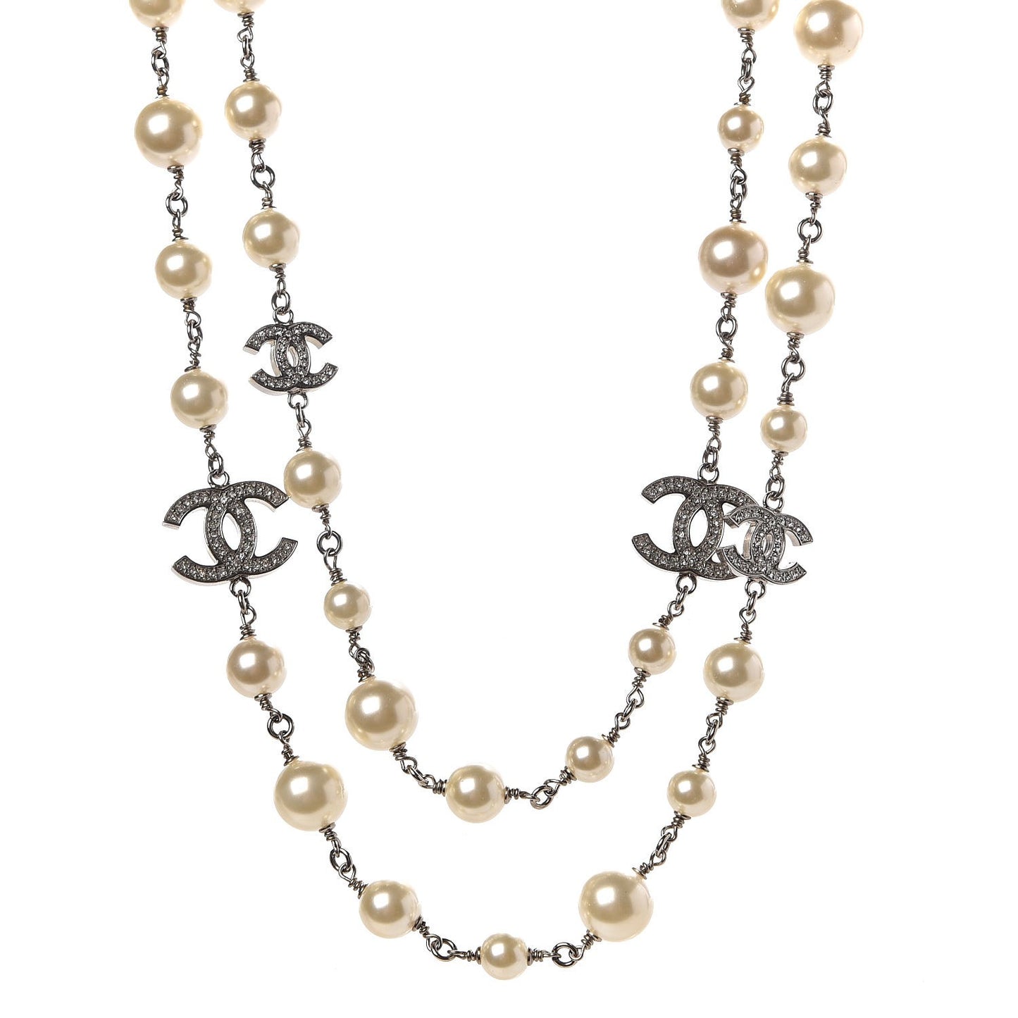 Crystal Pearl CC Long Necklace Silver