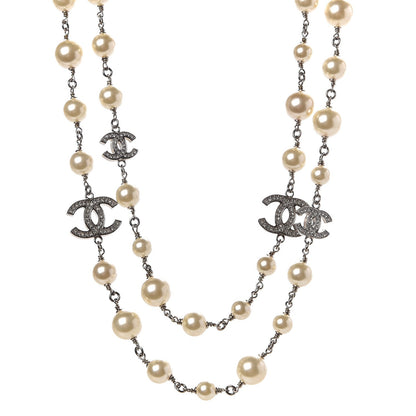 Chanel Crystal Pearl CC Long Necklace Silver 1 of 5