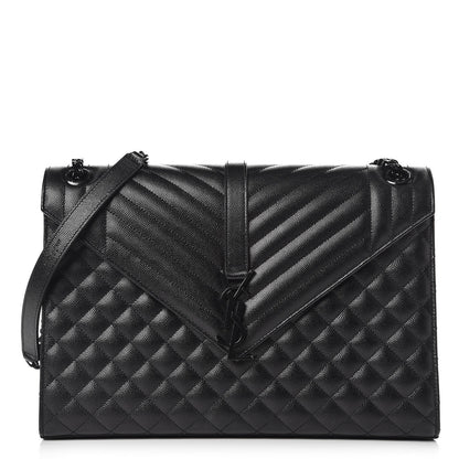 Saint Laurent Grain De Poudre Textured Mixed Matelasse Large Triquilt Monogram Monochrome Satchel Black 1 of 13
