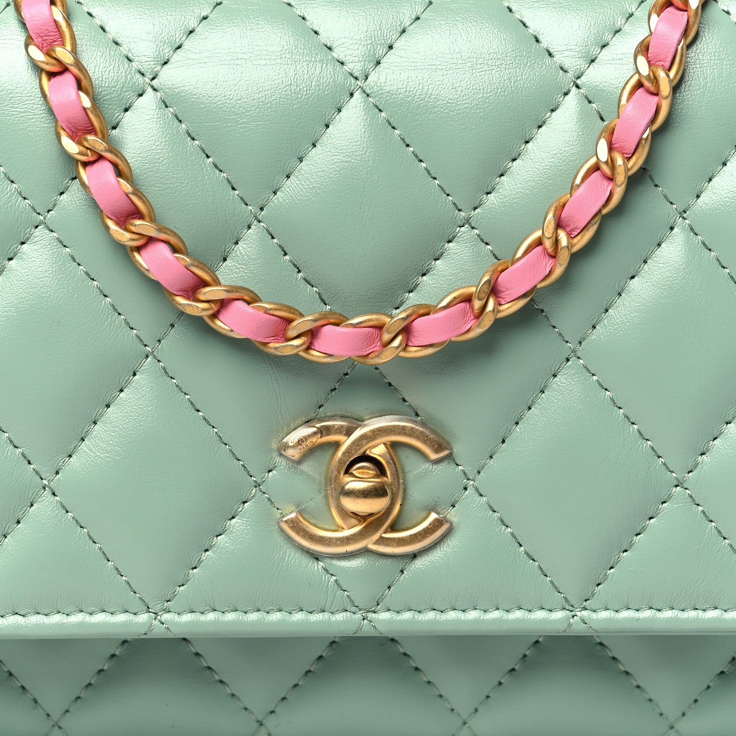 Chanel Shiny Calfskin Quilted Metal Top Handle Wallet On Chain WOC Light Green 9 of 11