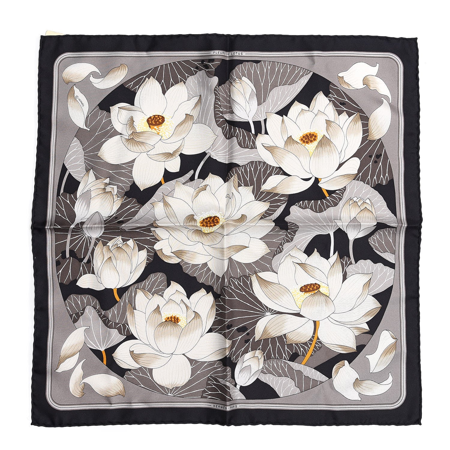 Hermes Silk Fleurs De Lotus Pocket Square Scarf Black Gris Ficelle 1 of 5