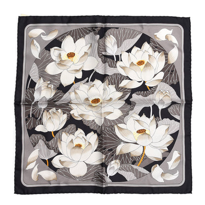 Hermes Silk Fleurs De Lotus Pocket Square Scarf Black Gris Ficelle 1 of 5