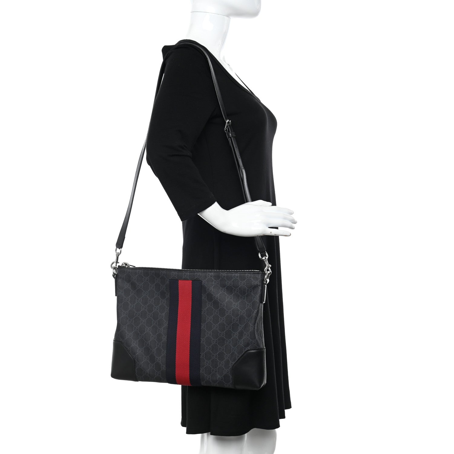 Gucci Soft GG Supreme Monogram Appia Calfskin Web East West Messenger Bag Black Grey 2 of 9