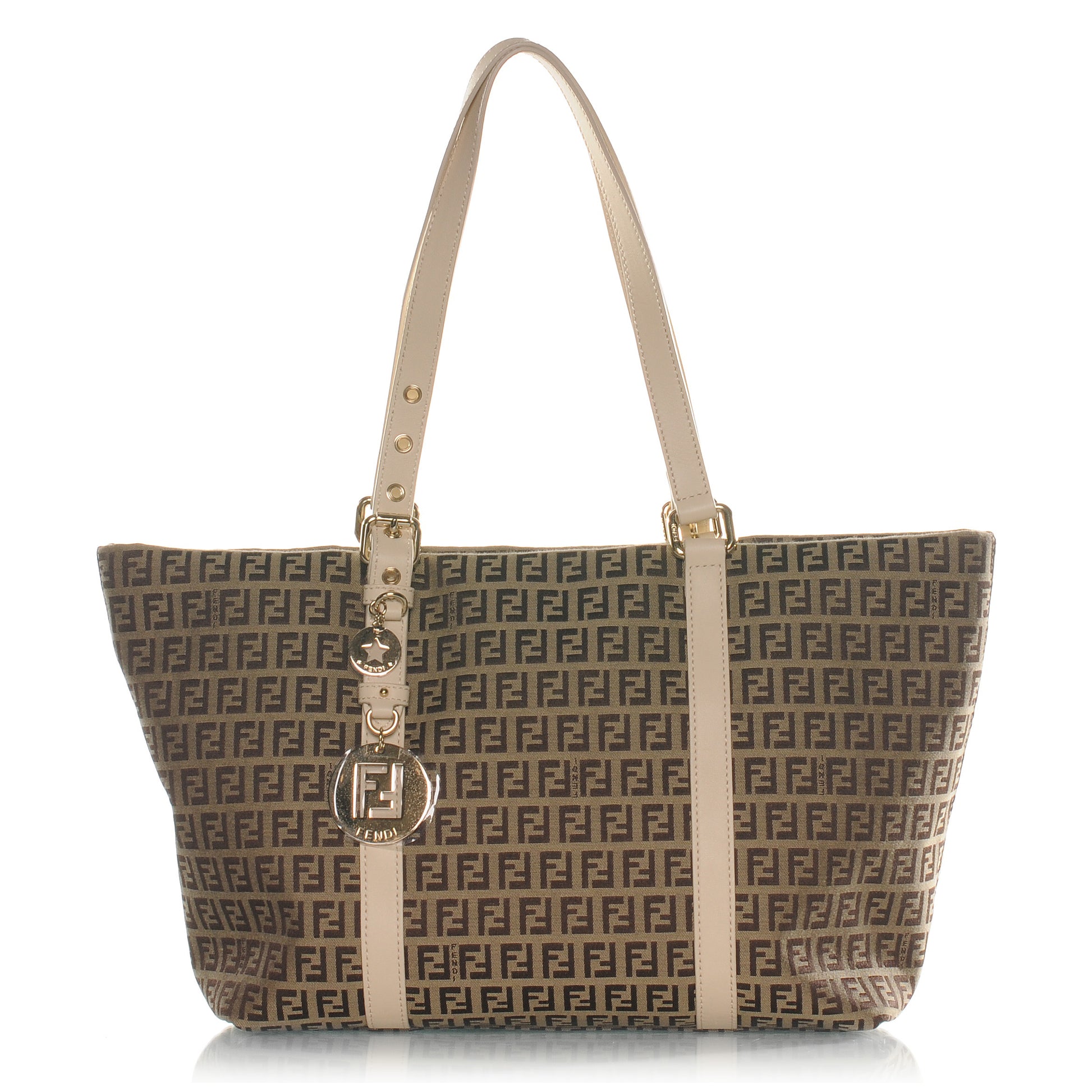 Fendi Zucchino Vitello Large Charm Shopper Tote Mogano Panna 1 of 8