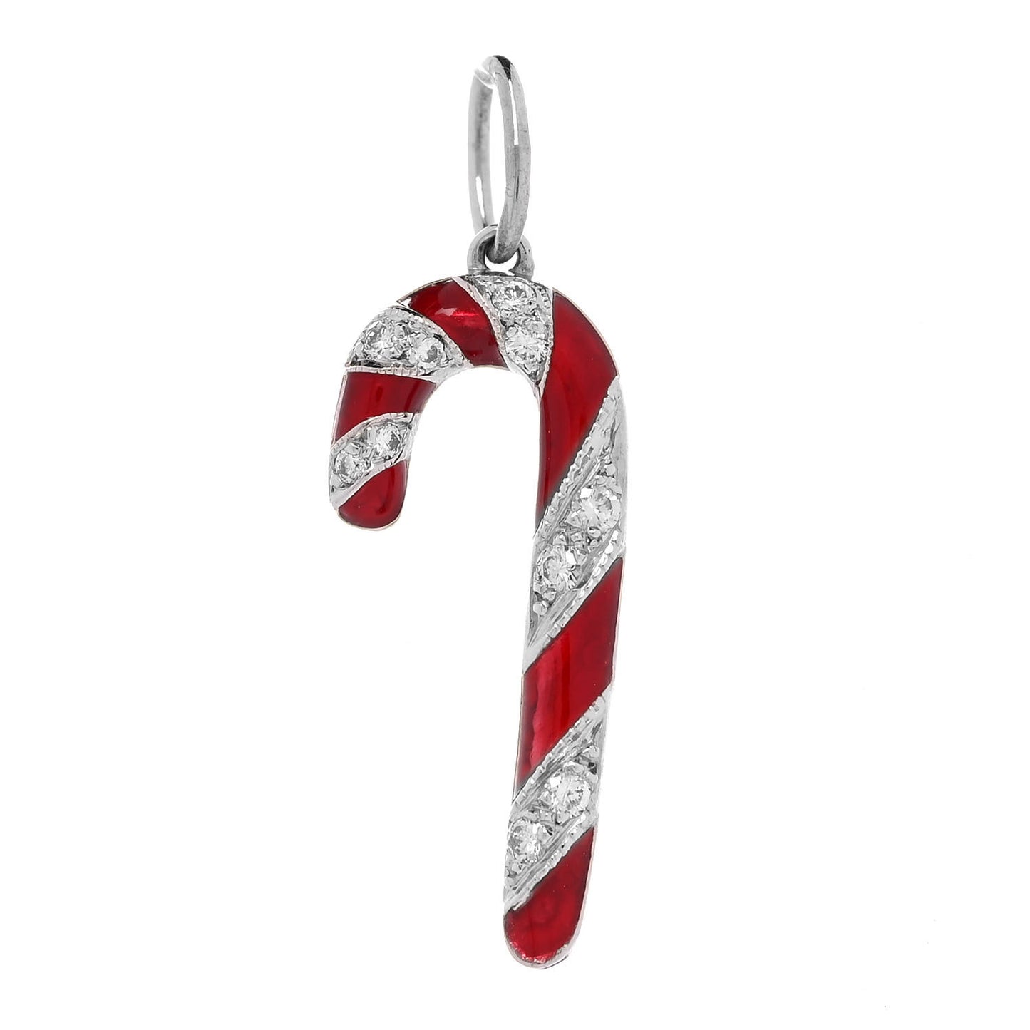 Platinum Enamel Diamond Candy Cane Charm
