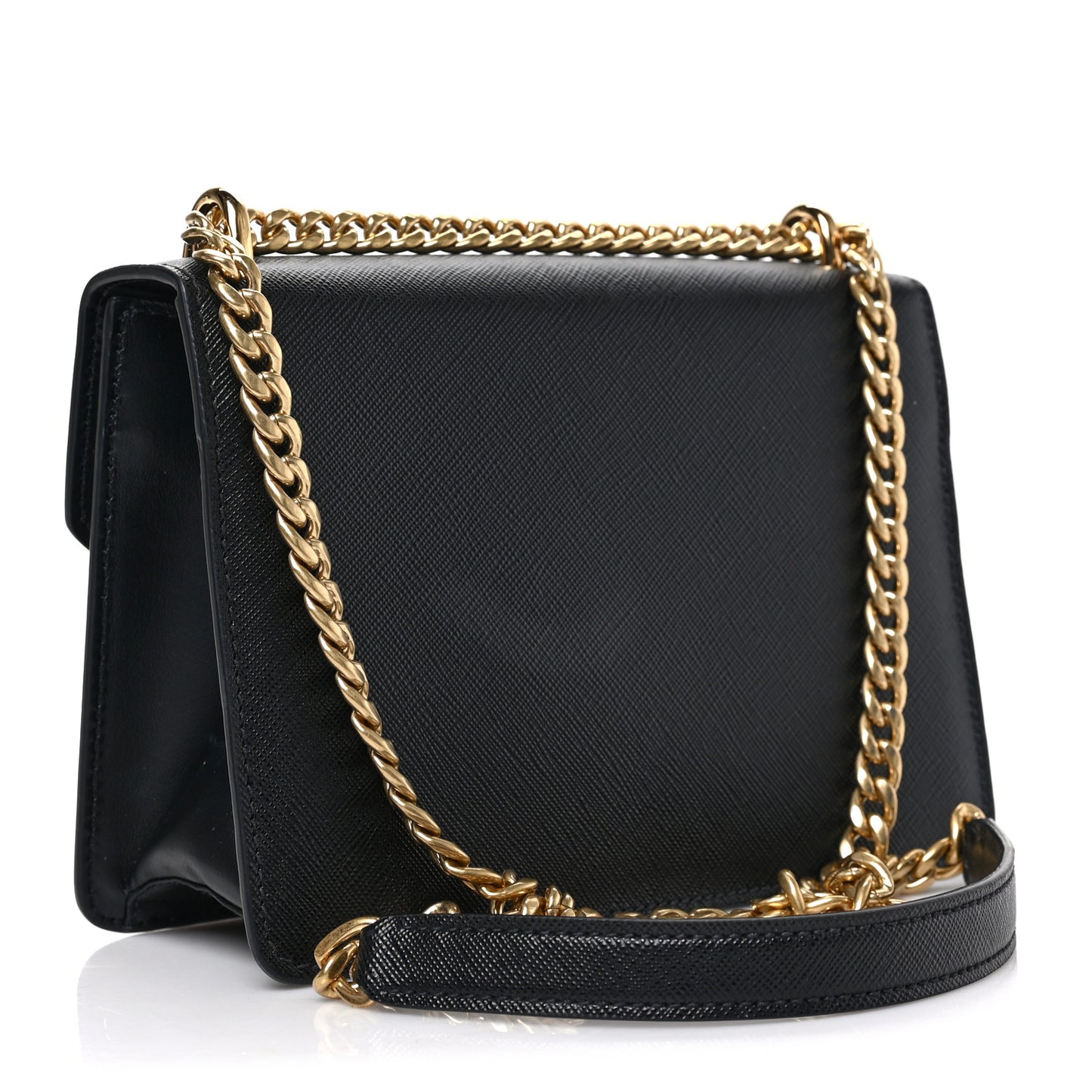 Saffiano Soft Calfskin Metal Triangle Logo Envelope Chain Shoulder Bag Black