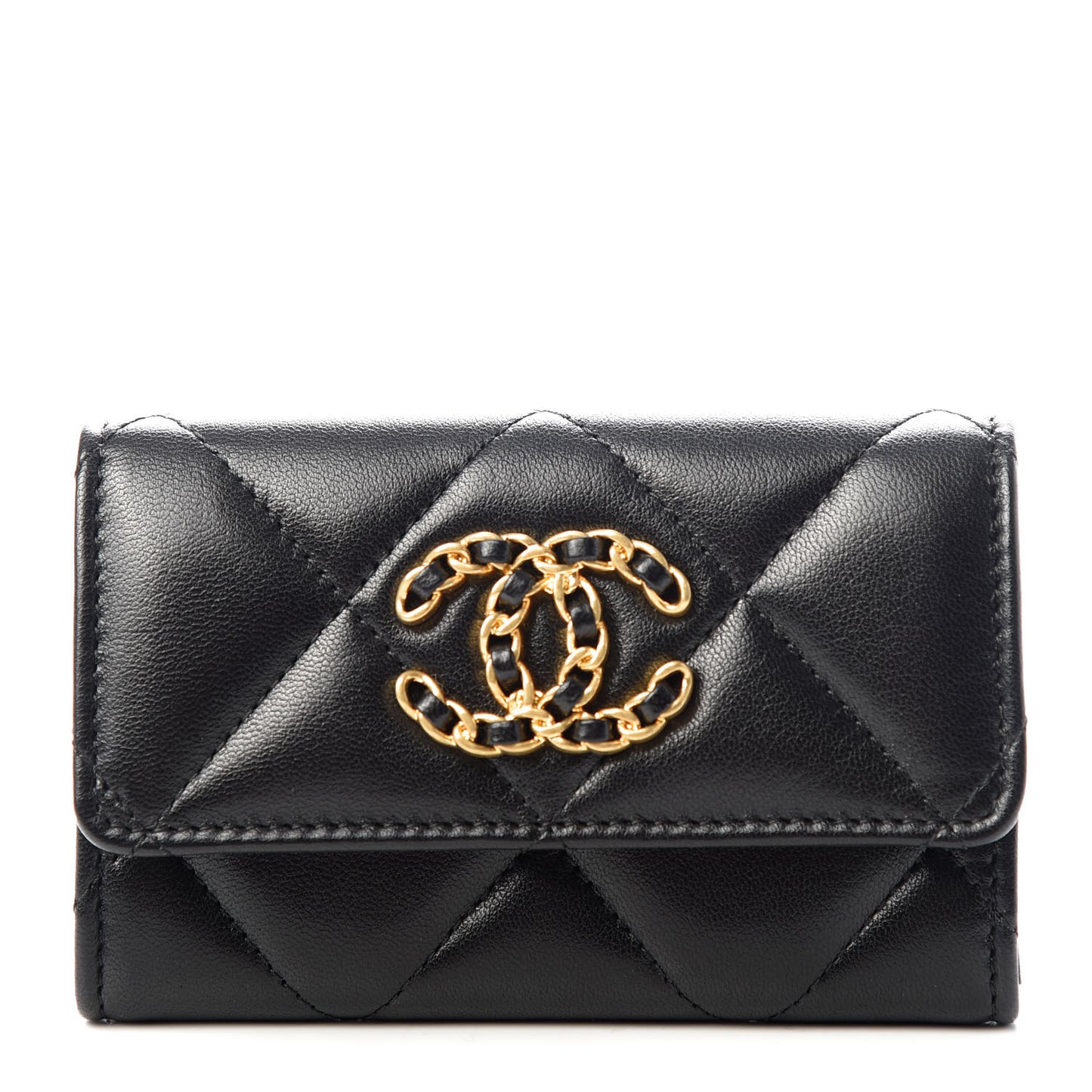 Shiny Goatskin Quilted 19 Flap Card Holder Black