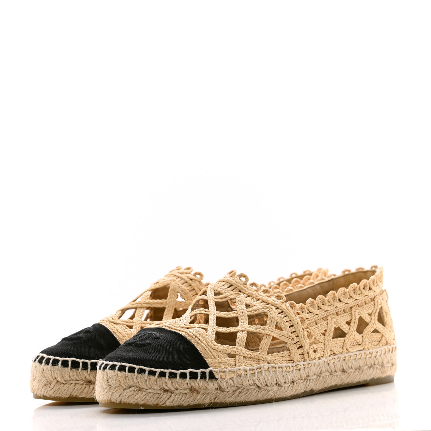 Woven Fabric Grosgrain CC Espadrilles 40 Beige Black