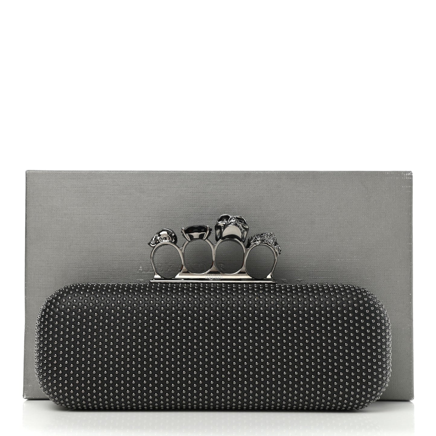 Suede Studded Skull Knuckle Box Clutch Black