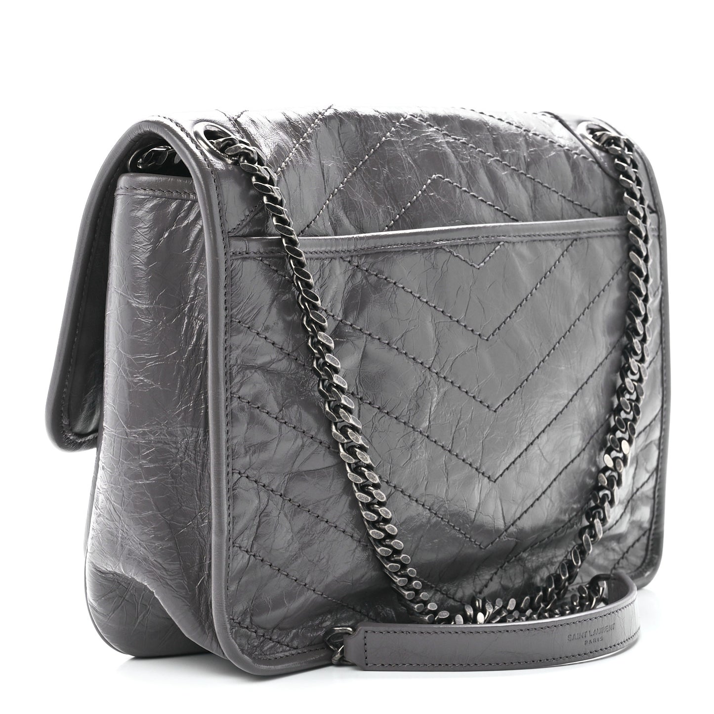 Crinkled Calfskin Matelasse Monogram Medium Niki Chain Satchel Fog