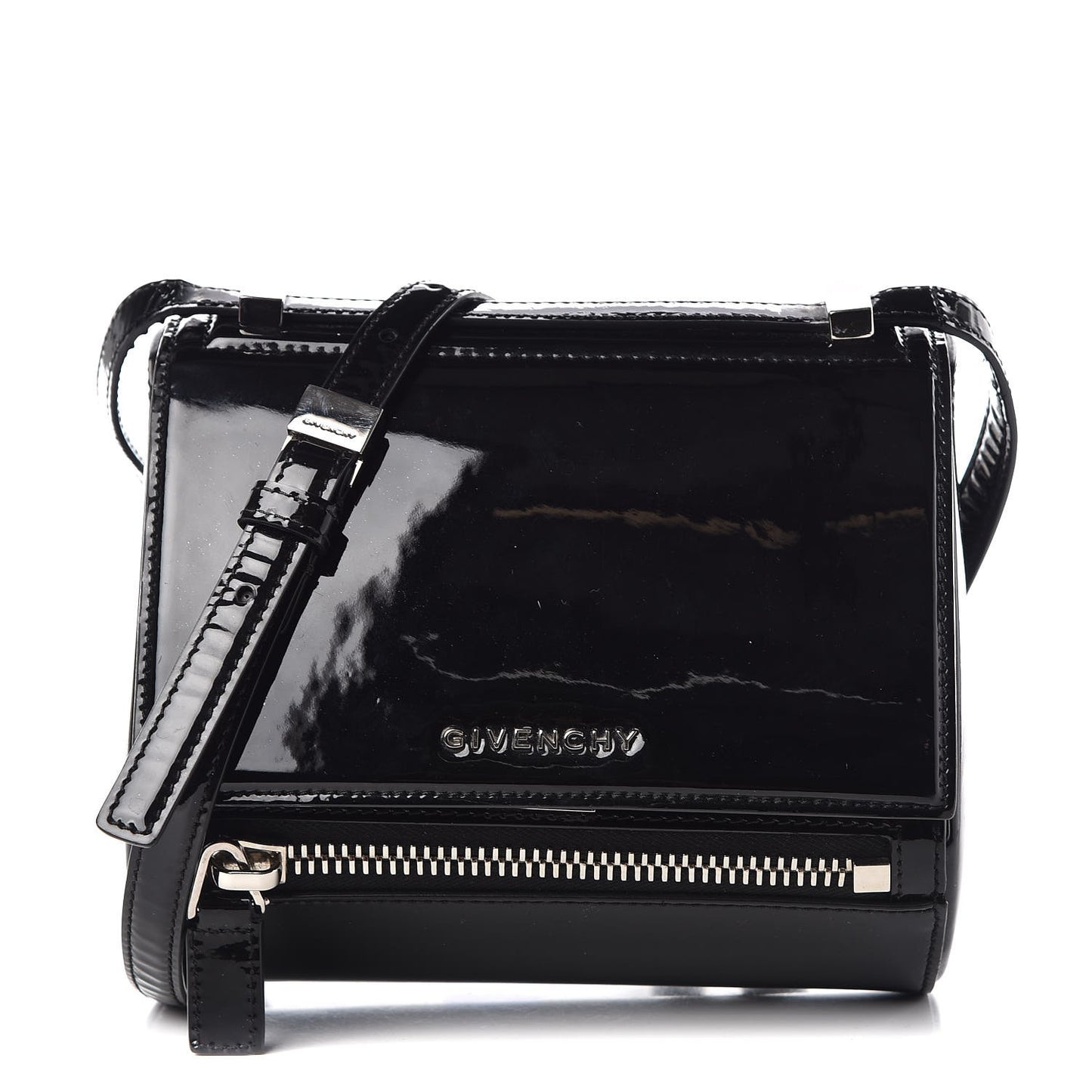 Patent Calfskin Mini Pandora Box Crossbody Bag Black