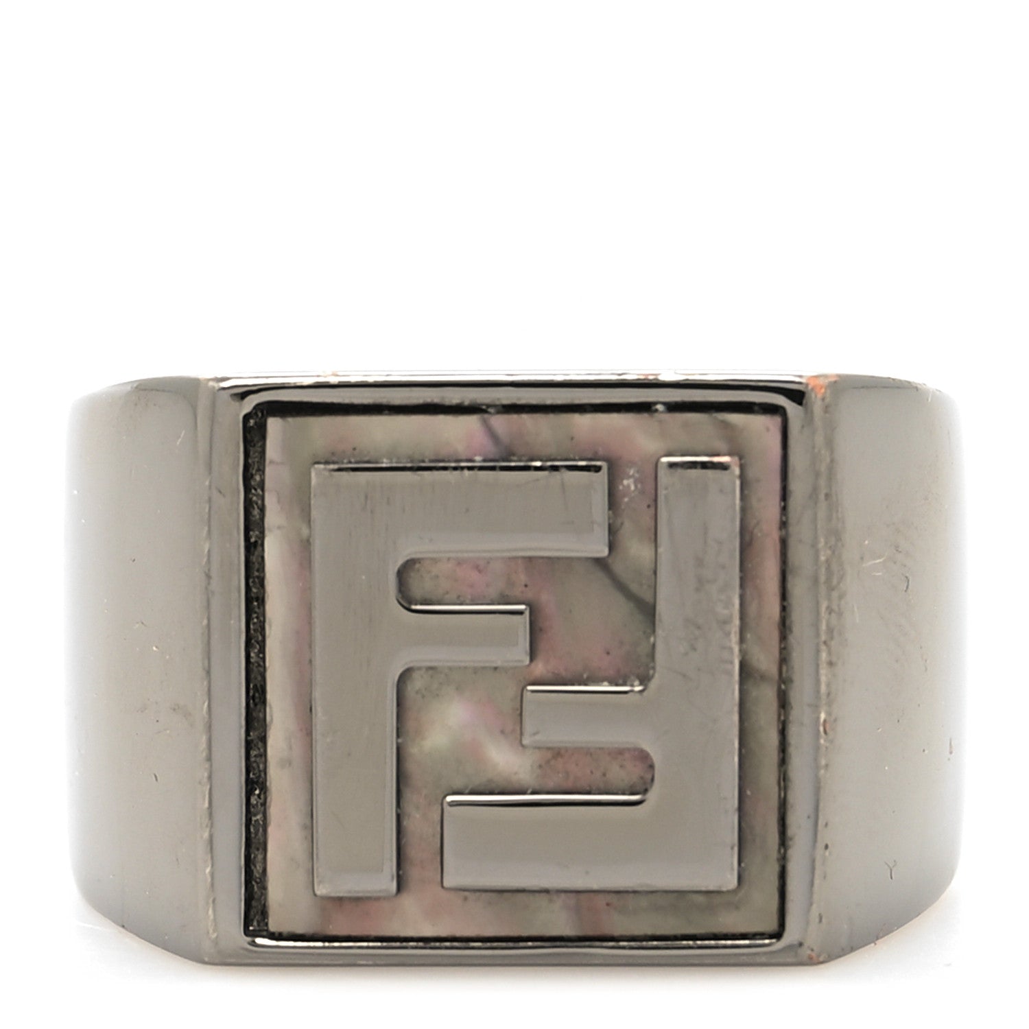 Fendi Ruthenium Mother of Pearl FF Signet Ring L 1 of 4
