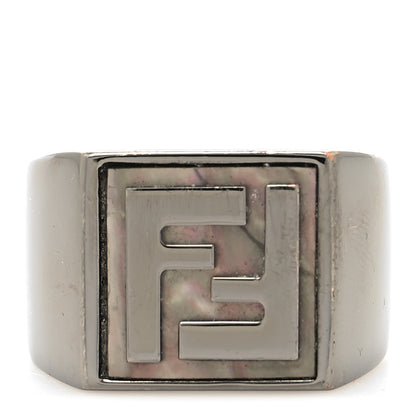 Fendi Ruthenium Mother of Pearl FF Signet Ring L 1 of 4