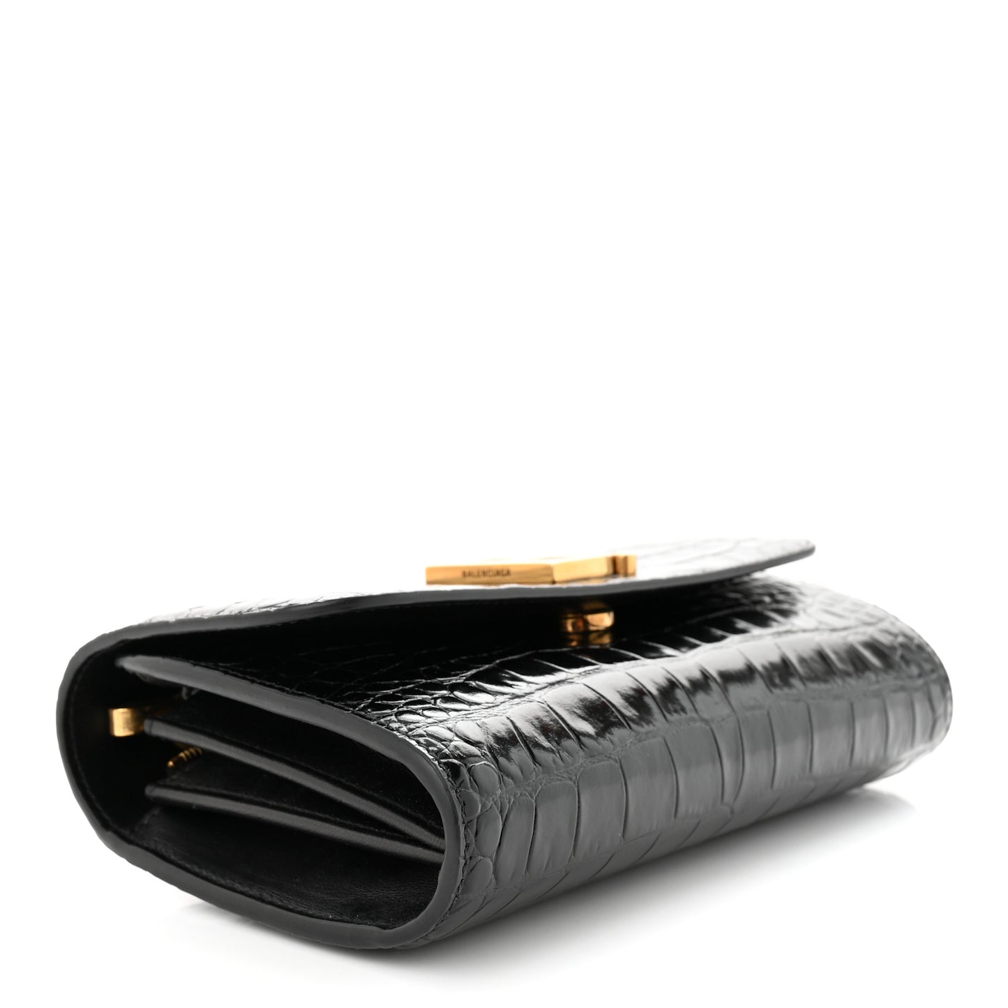 Shiny Calfskin Crocodile Embossed B Continental Chain Bag Black