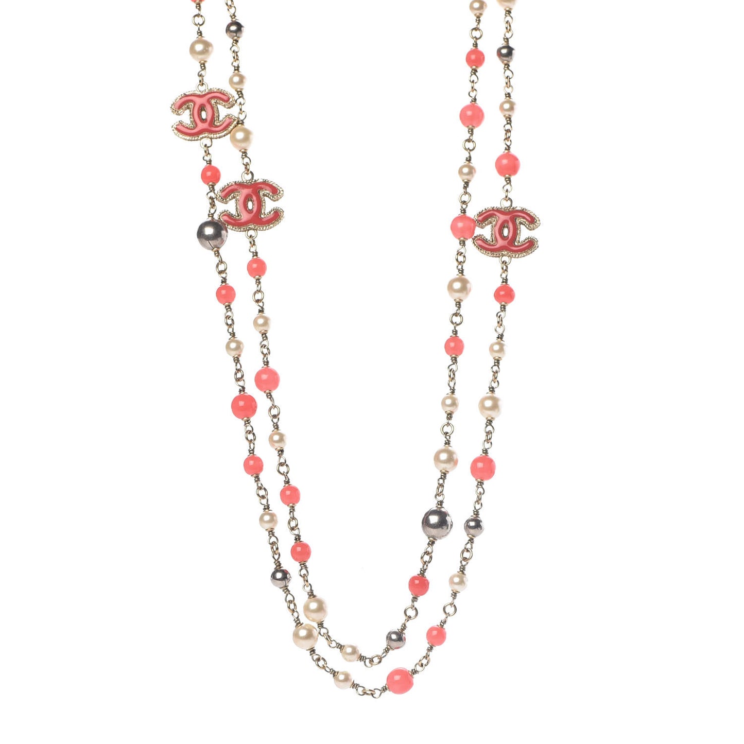 Enamel Bead Pearl CC Long Necklace Pink Gold