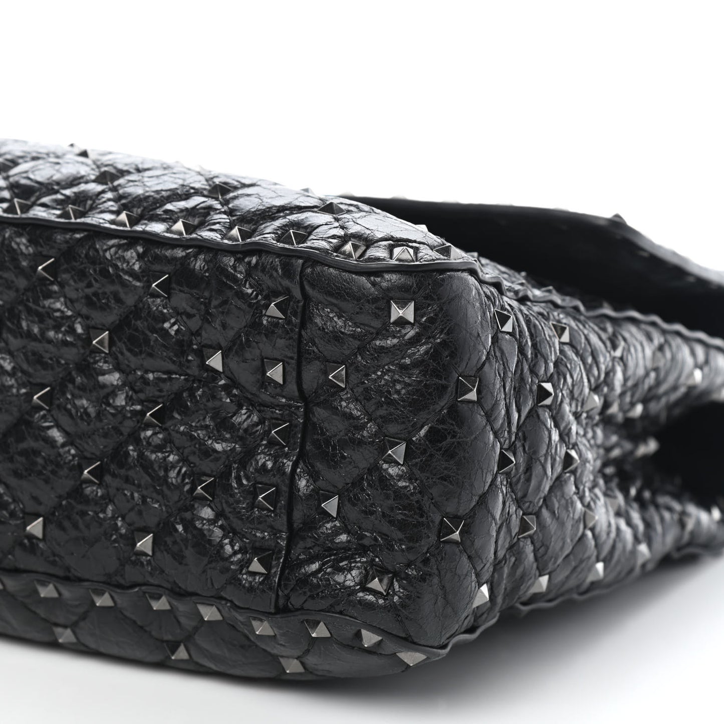 Craquele Nappa Large Rockstud Spike Shoulder Bag Black