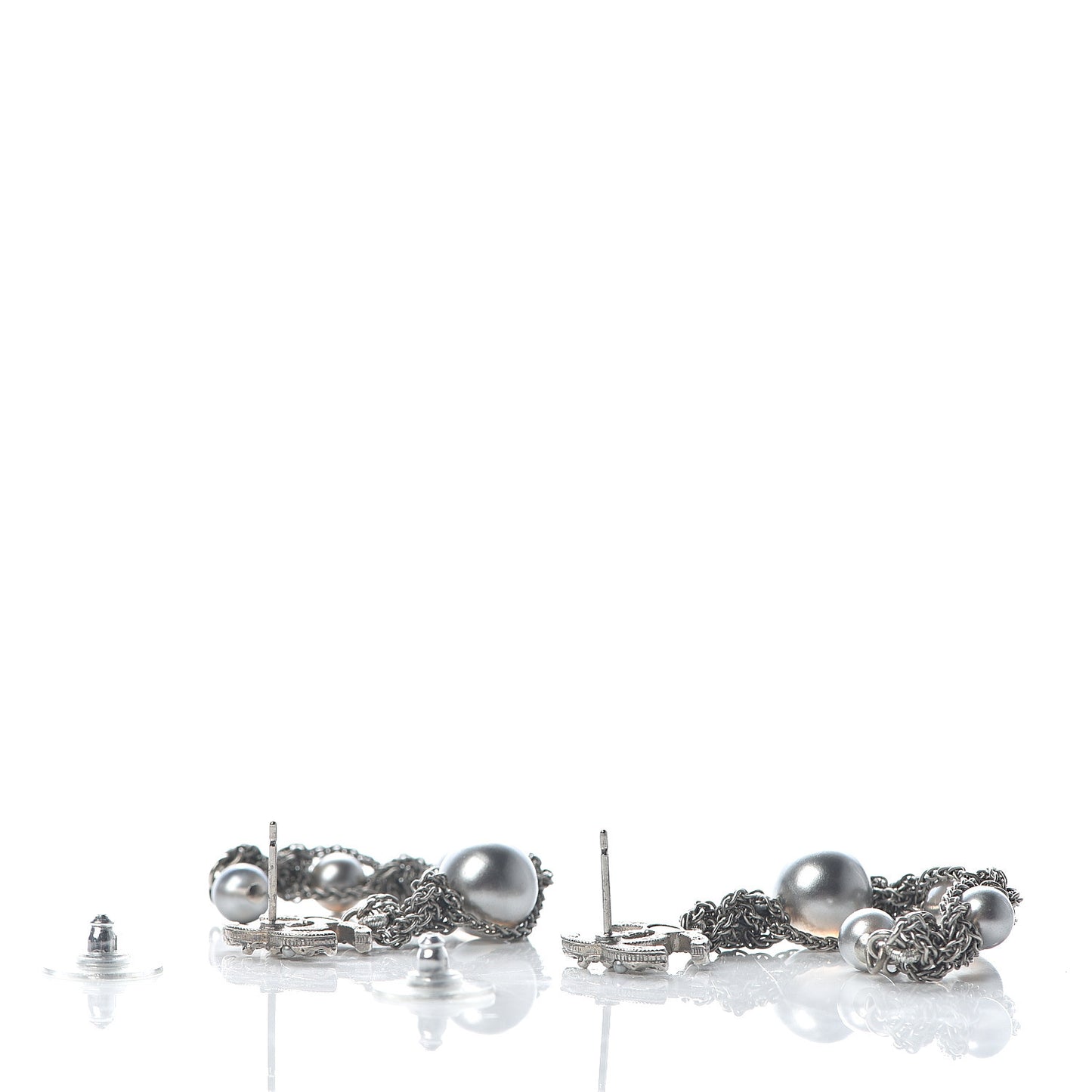 Pearl Crystal CC Chain Drop Earrings Silver