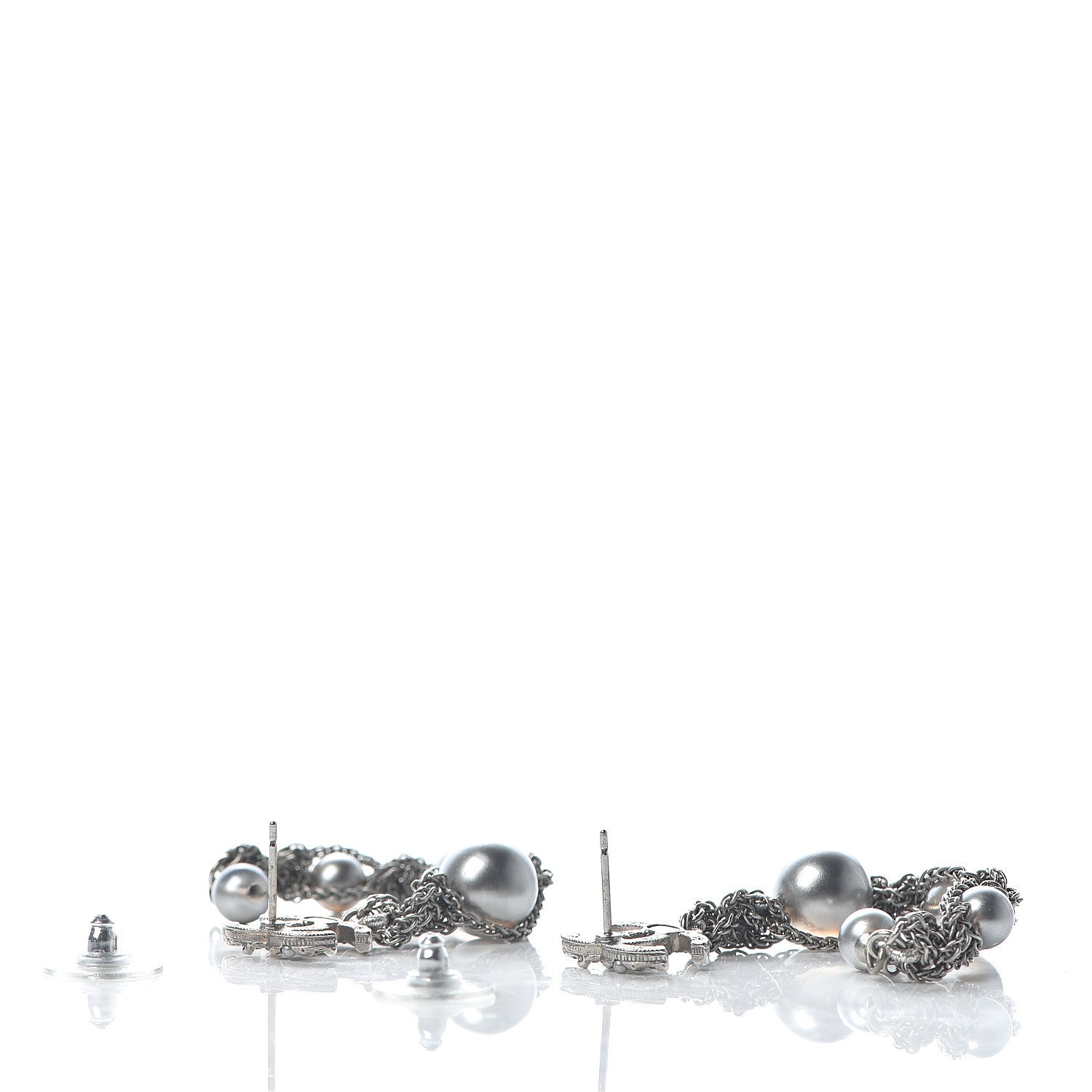 Chanel Pearl Crystal CC Chain Drop Earrings Silver 3 of 5