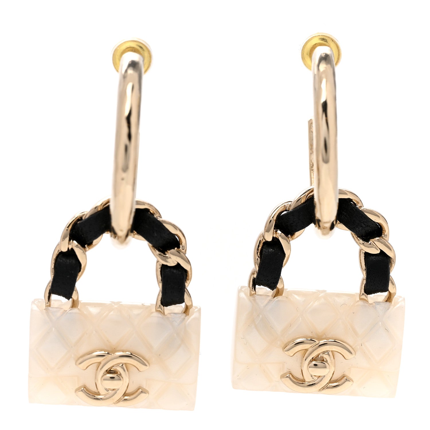 Chanel Metal Resin Lambskin Quilted CC Turnlock Chain Bag Earrings Gold Pearly White 1 of 5