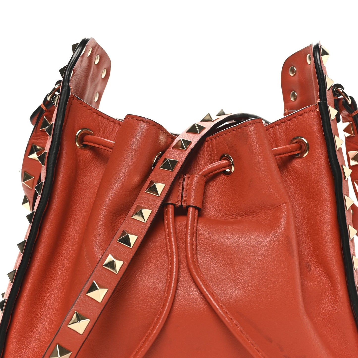 Grained Calfskin Rockstud Bucket Bag Orange