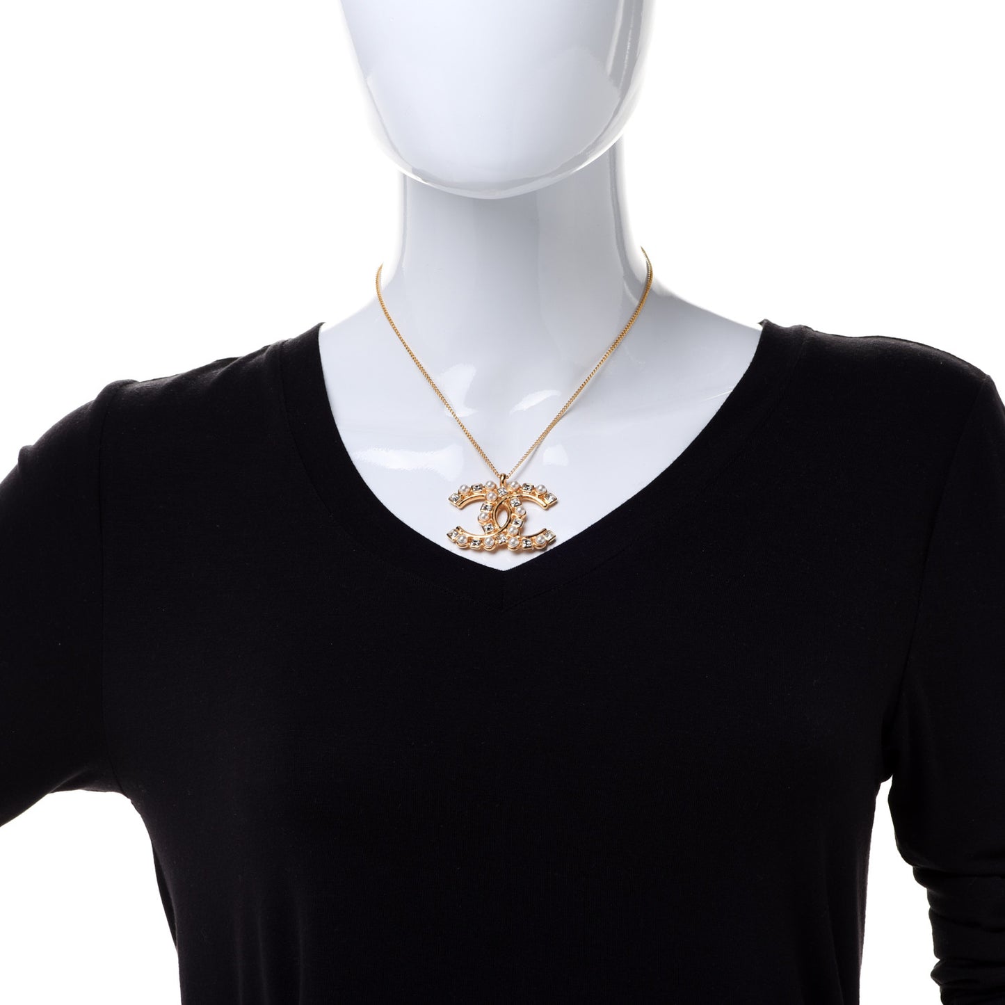 Crystal Pearl CC Pendant Necklace Gold