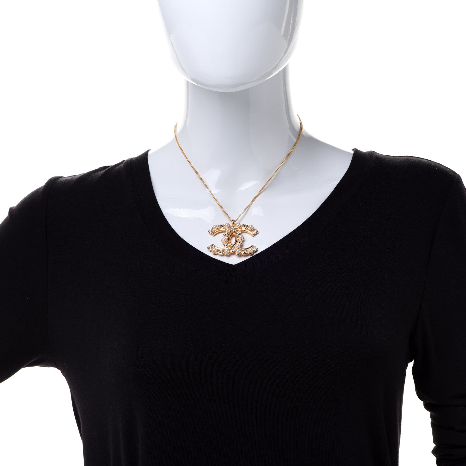 Chanel Crystal Pearl CC Pendant Necklace Gold 2 of 6