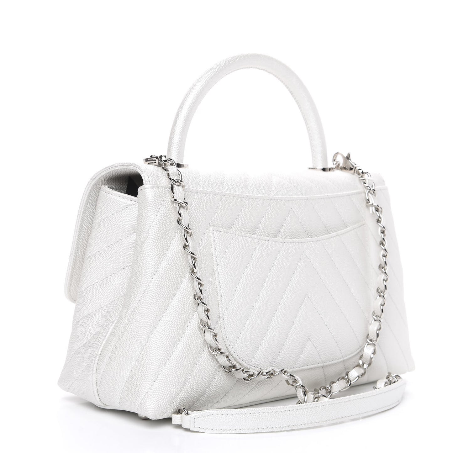 Iridescent Caviar Chevron Quilted Small Coco Handle Flap White
