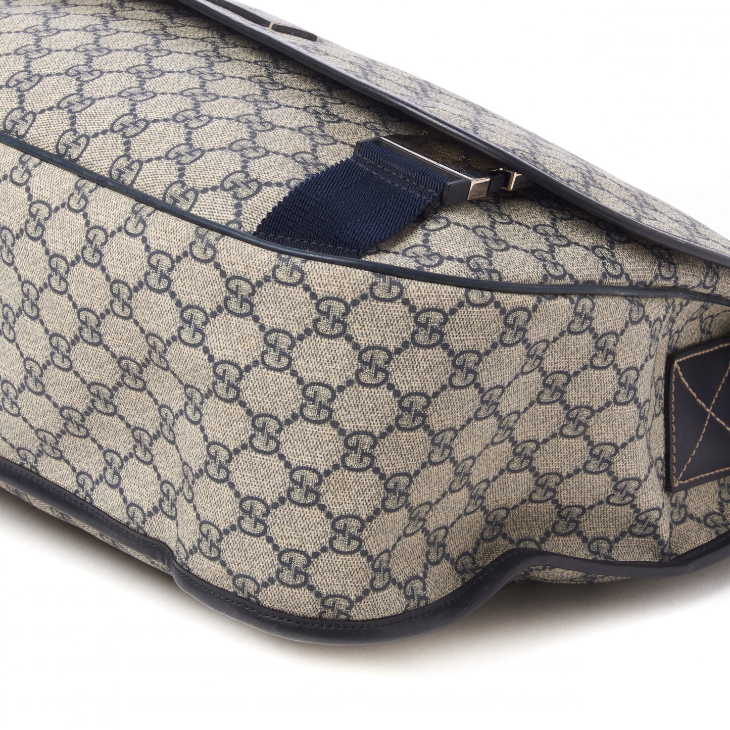 GG Plus Monogram Large Double Buckle Flap Messenger Bag Beige Navy
