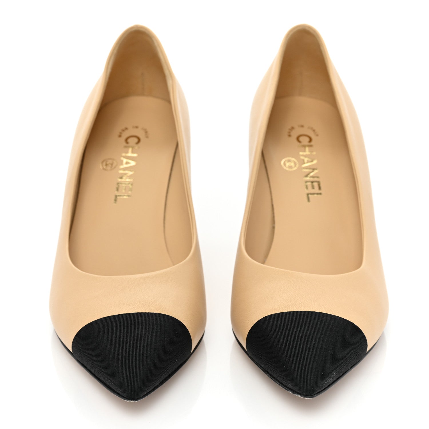 Chanel Lambskin Grosgrain Cap Toe CC Pumps 39 Beige Black 2 of 11