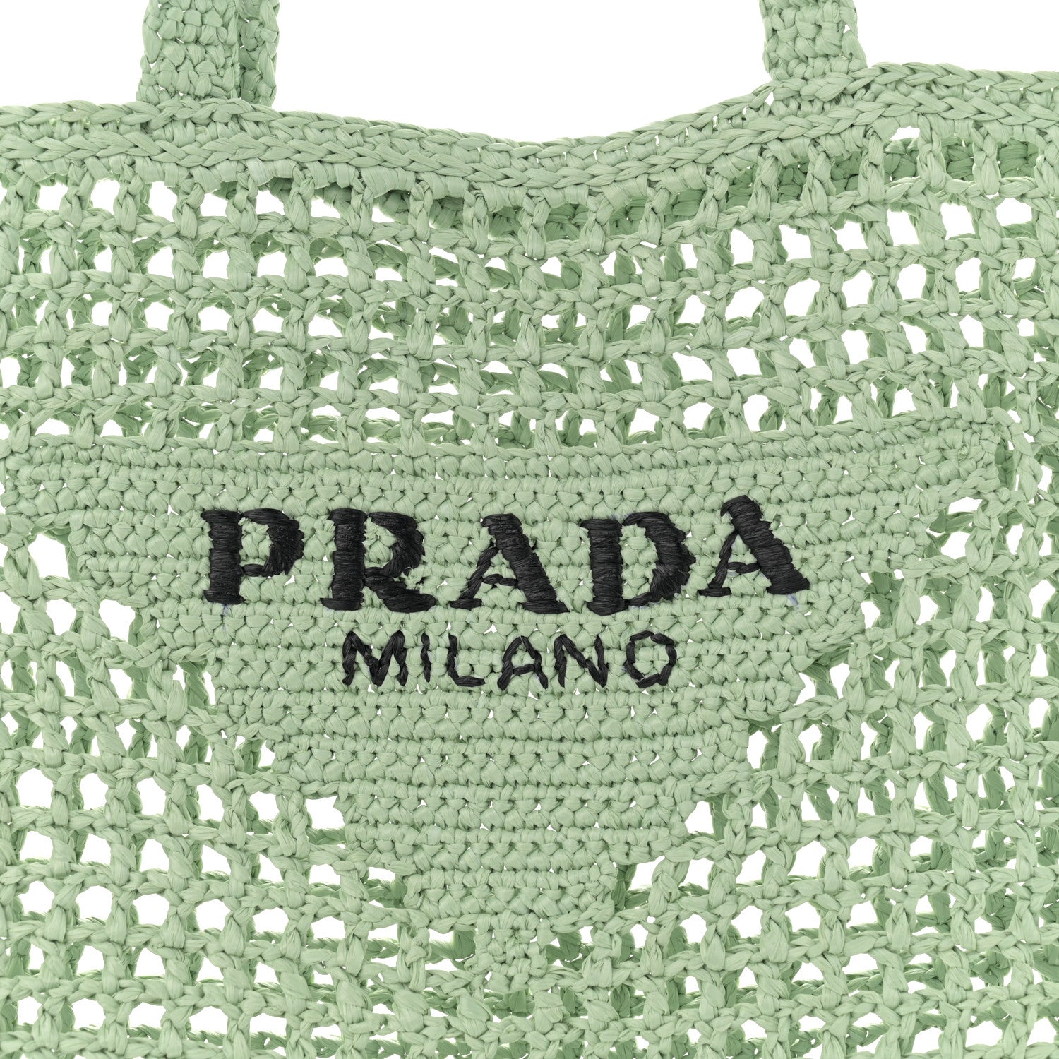 Prada Yarn Raffia Effect Crochet Logo Embroidered Tote Bag Acqua 7 of 10