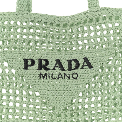 Prada Yarn Raffia Effect Crochet Logo Embroidered Tote Bag Acqua 7 of 10