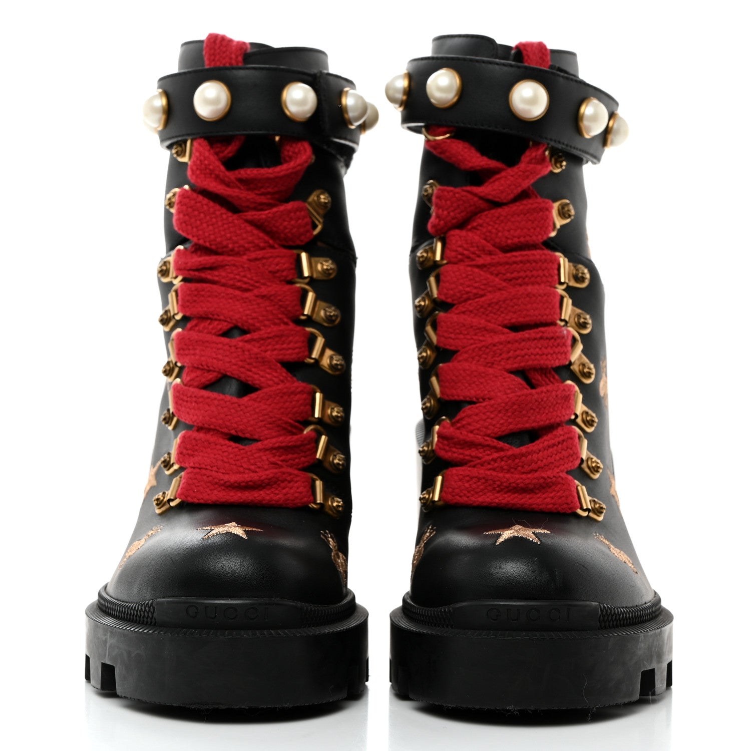 Gucci Calfskin Embroidered Lace Up Combat Ankle Boots 35 Black 2 of 9