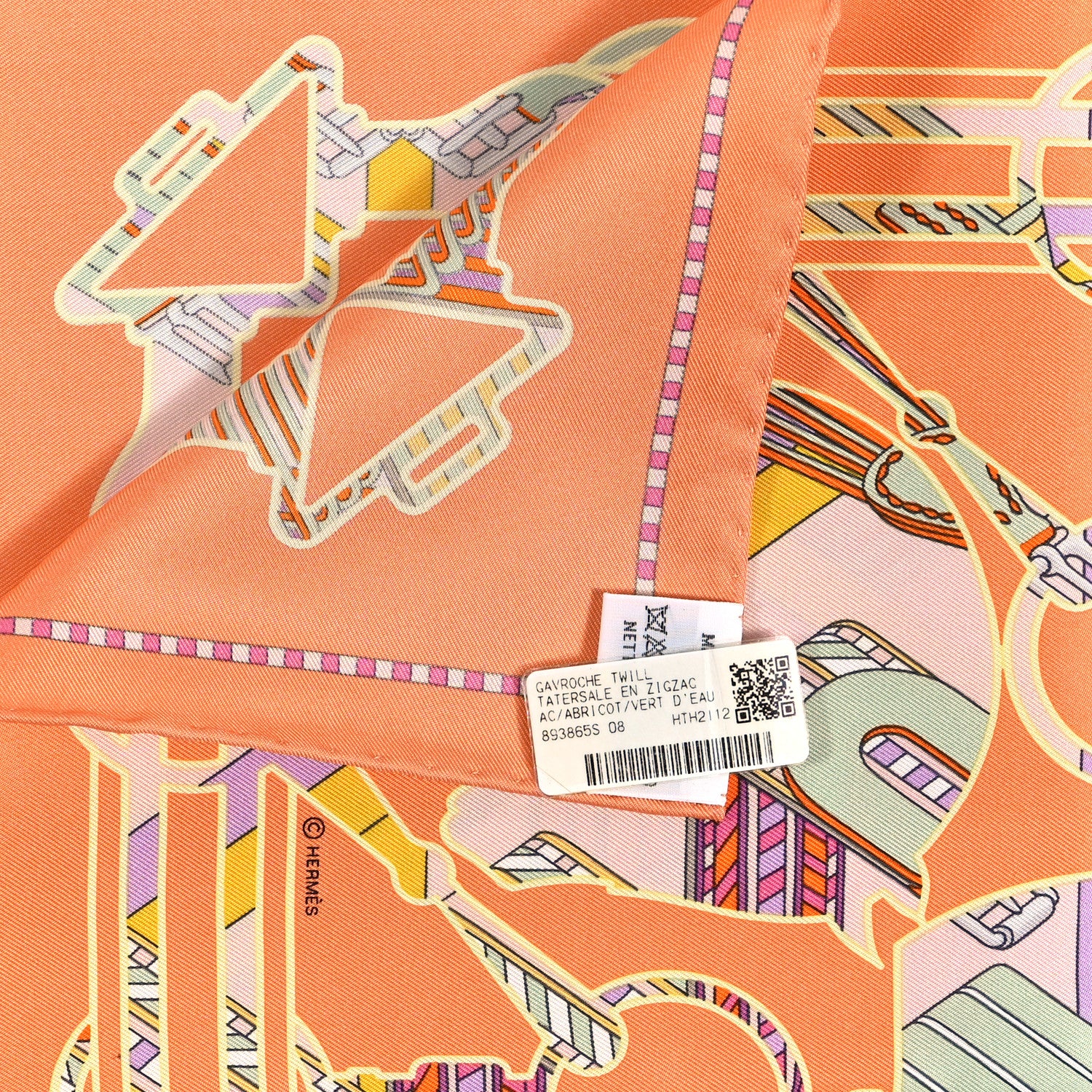 Hermes Silk Tatersale en Zig Zag Pocket Square Abricot Vert D'eau 3 of 4
