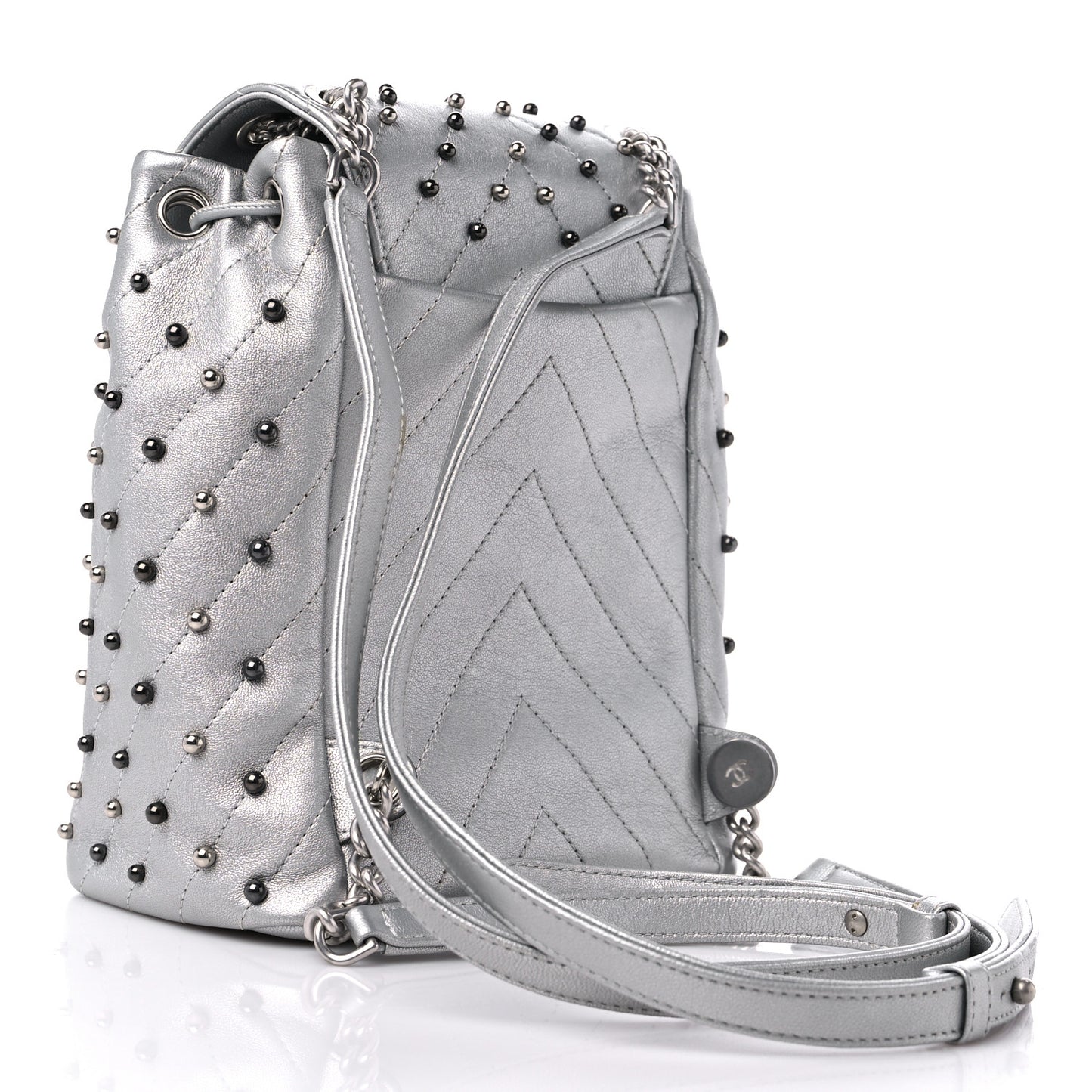 Metallic Lambskin Chevron Quilted Studded Stud Wars Backpack Silver