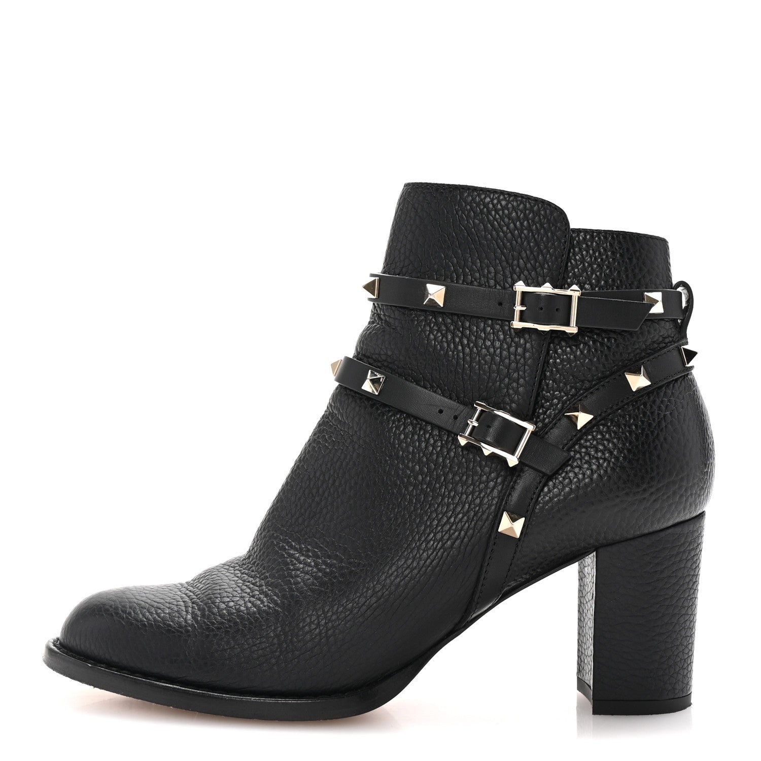 Valentino Garavani Pebbled Calfskin Rockstud Double Buckle 70mm Block Heel Ankle Boots 39.5 Black 1 of 9