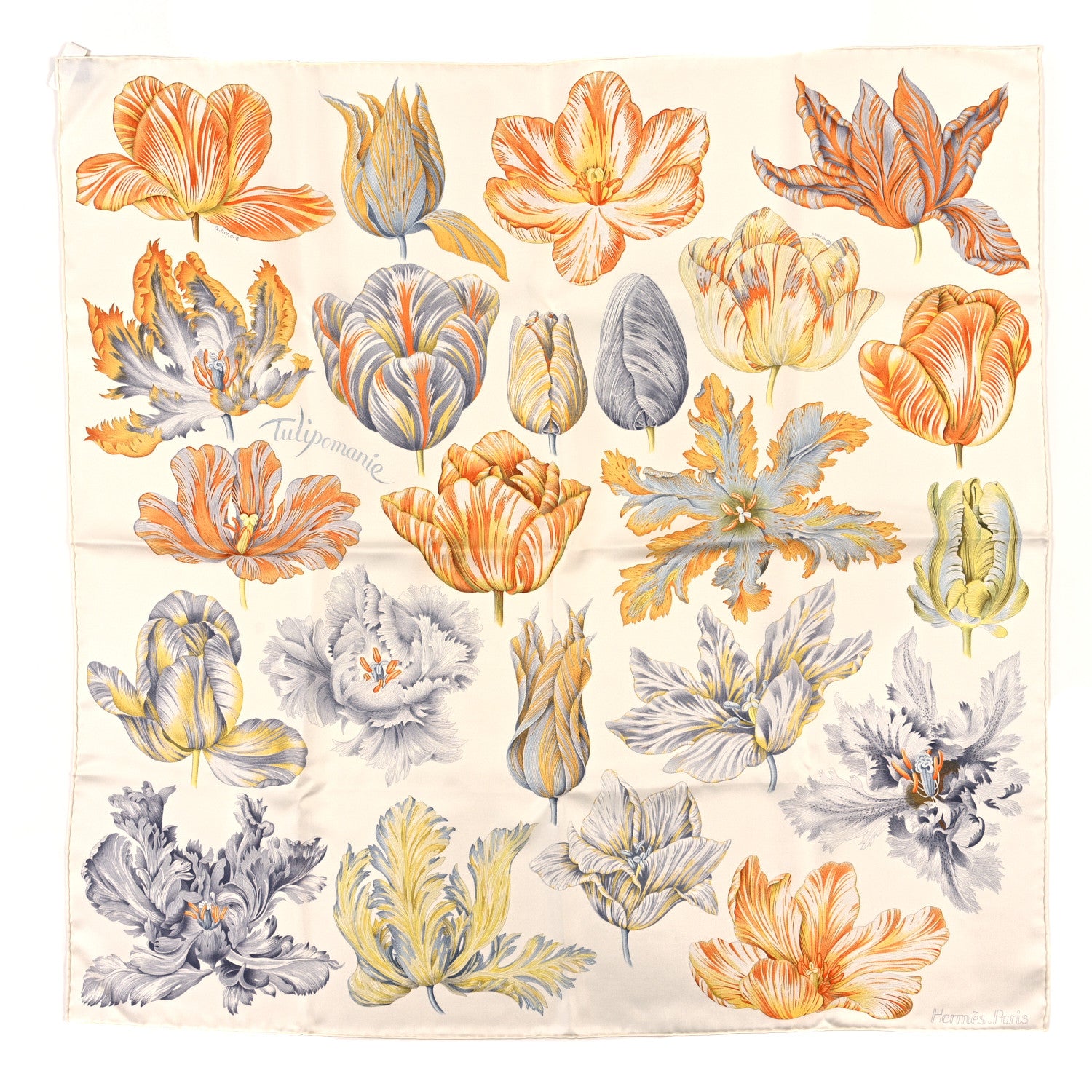 Hermes Silk Tulipomanie Scarf 90 White Orange Cuit 1 of 3