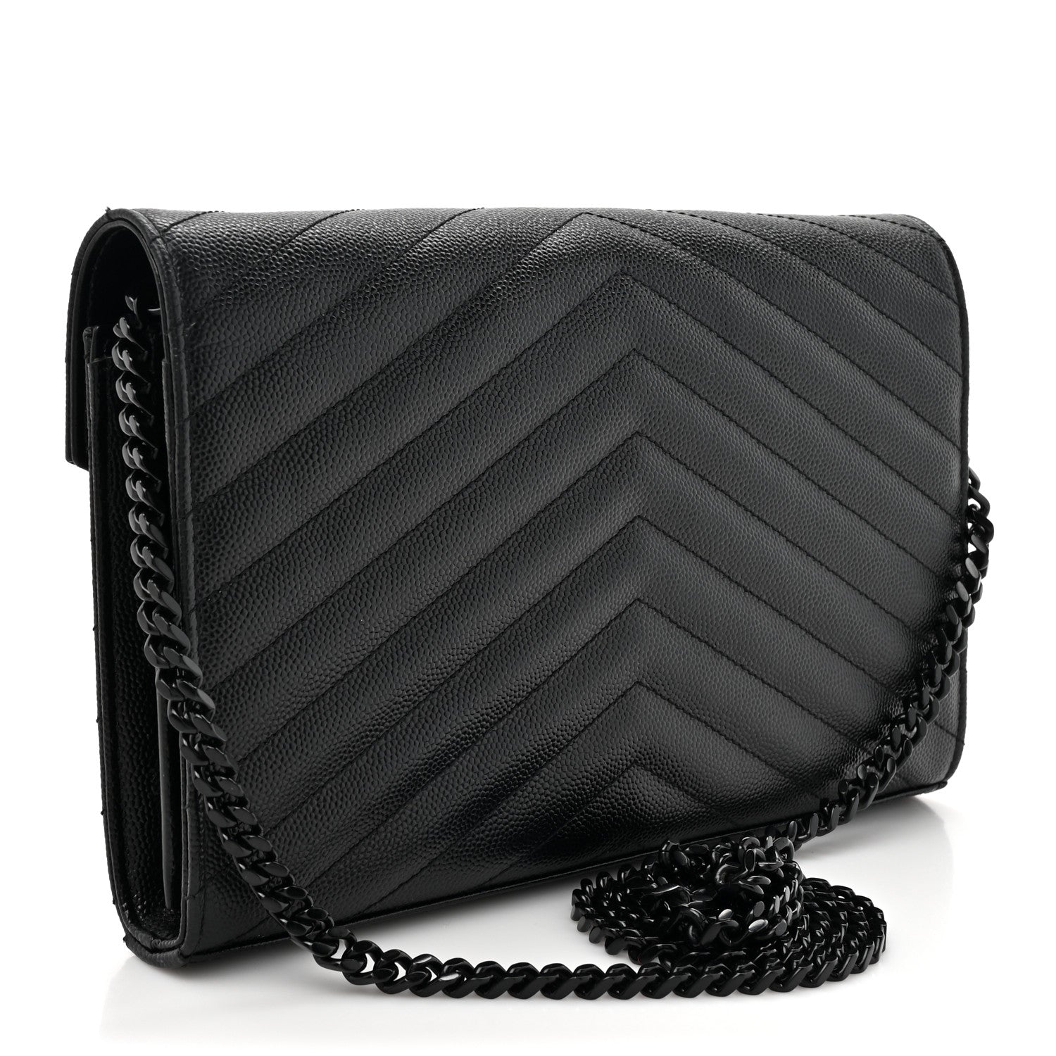 Saint Laurent Grain De Poudre Matelasse Chevron Monogram Monochrome Chain Wallet Black 3 of 15