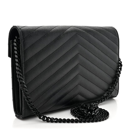Saint Laurent Grain De Poudre Matelasse Chevron Monogram Monochrome Chain Wallet Black 3 of 15