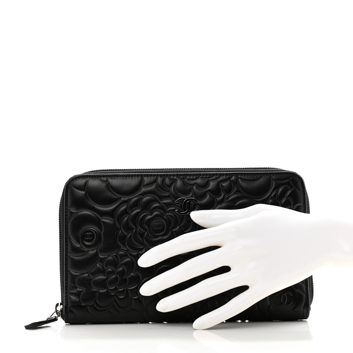 Lambskin Camellia Embossed Zip Around Organizer Wallet Black